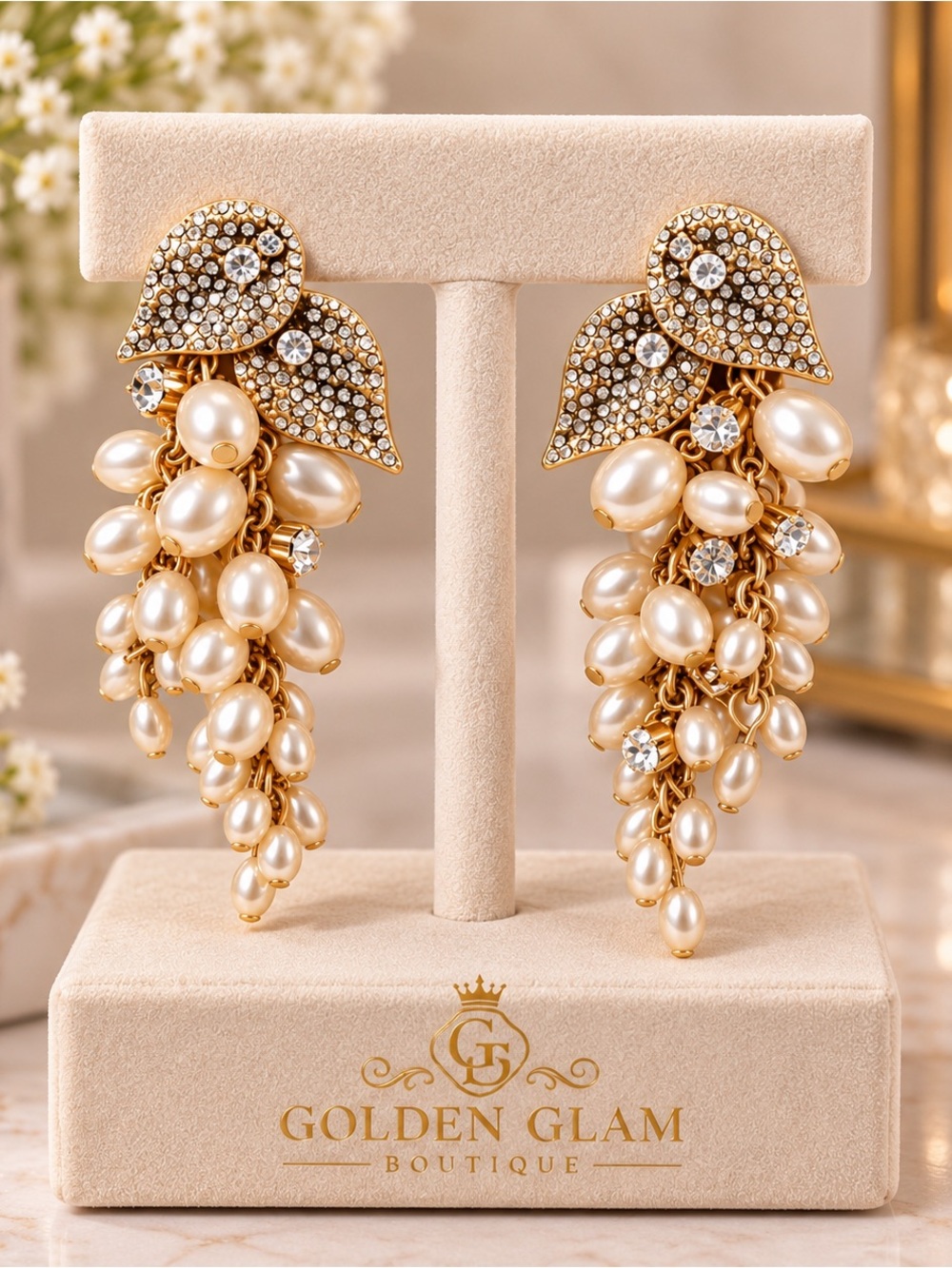 Anthropologie Gold Pearl & Crystal Leaf Cascade Earrings
